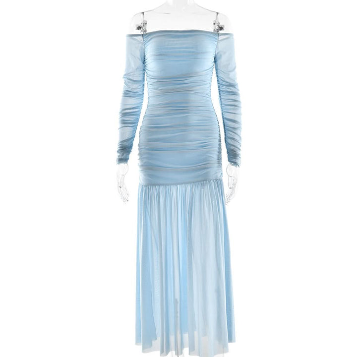 Off shoulder ruched long sleeve mesh zip-up maxi dress  | Festival Outfits Women