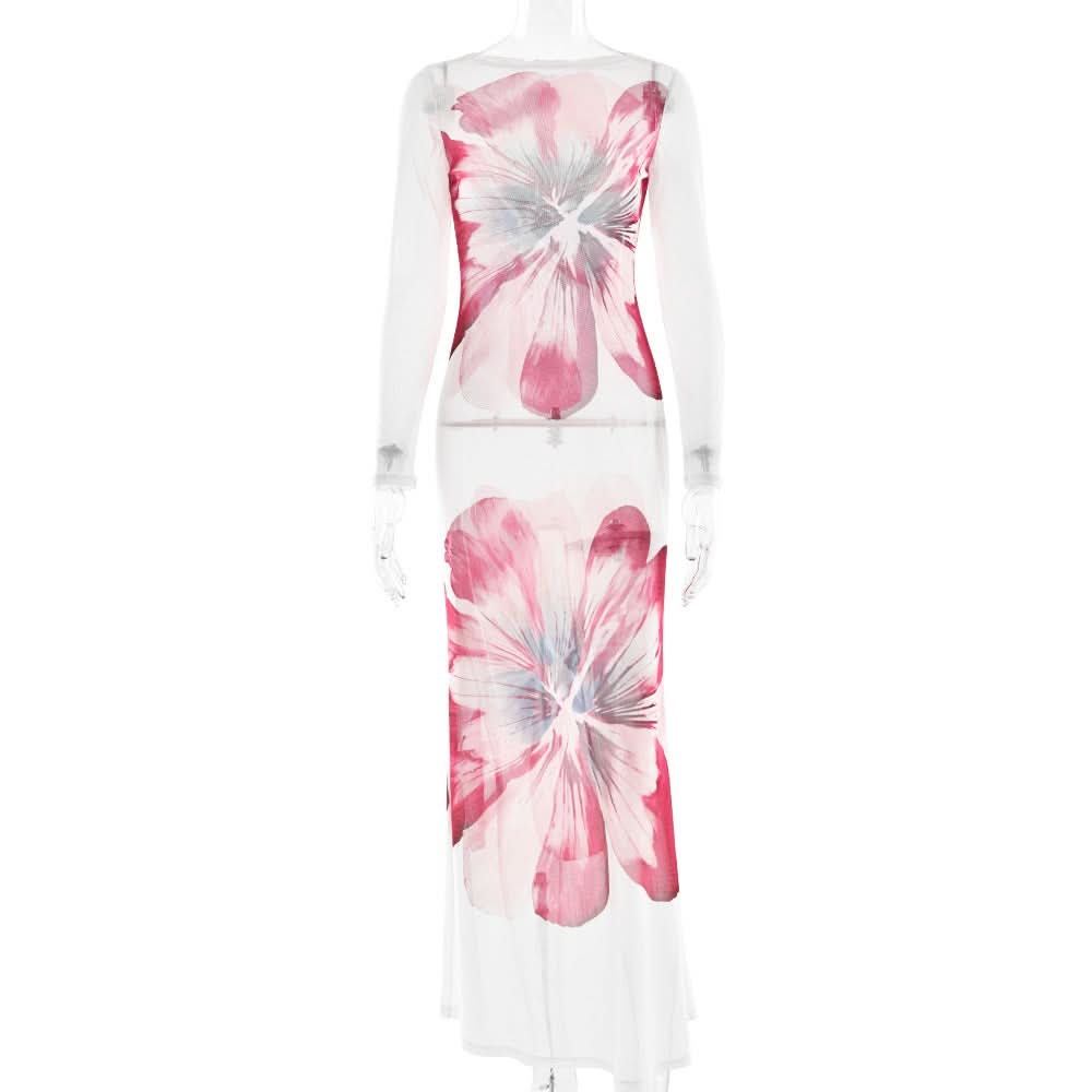 Long sleeve flower print mesh maxi dress  | Festival Outfits Women
