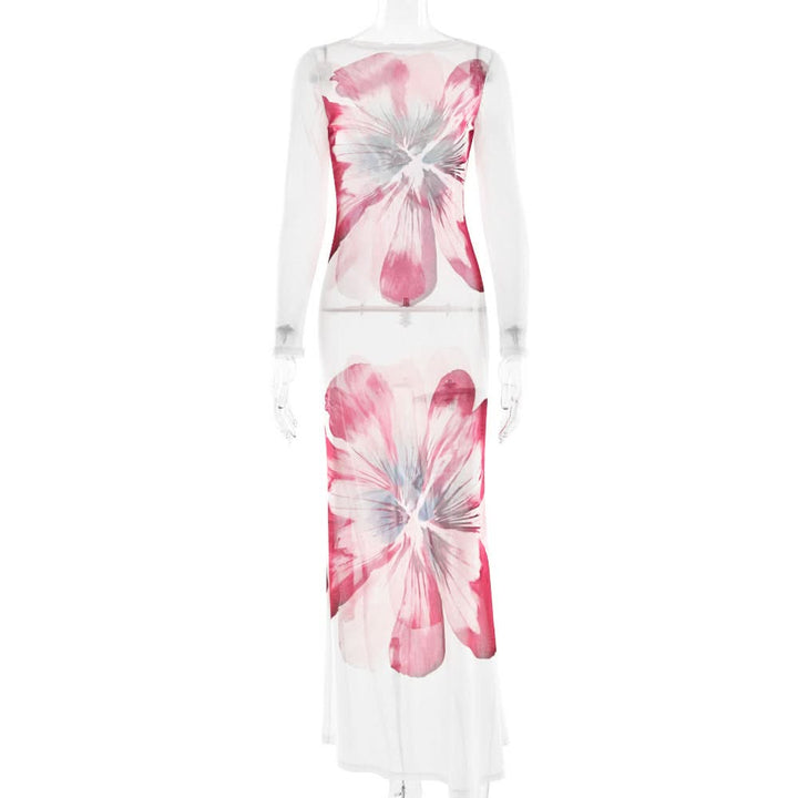 Long sleeve flower print mesh maxi dress  | Festival Outfits Women