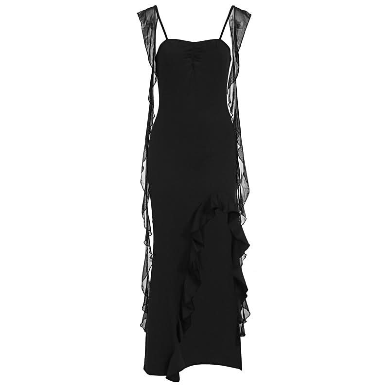 Ruffle high slit lace up cami maxi dress  | Festival Outfits Women