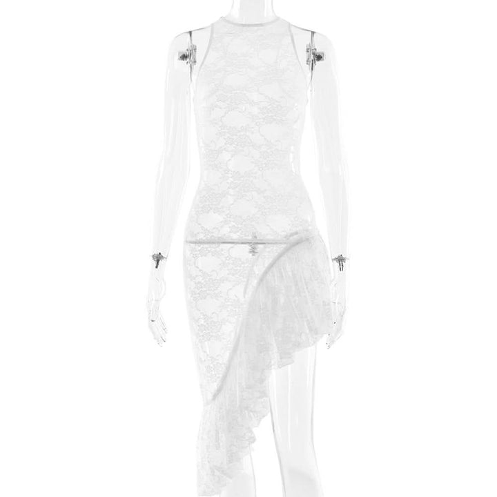 Lace irregular see though ruched mini dress  | Festival Outfits Women
