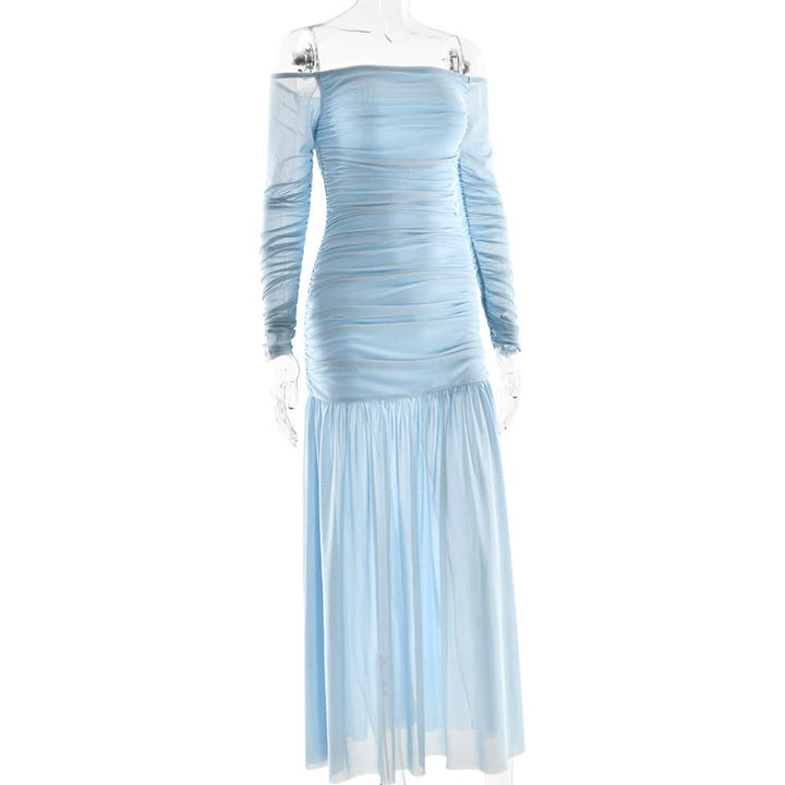 Off shoulder ruched long sleeve mesh zip-up maxi dress  | Festival Outfits Women
