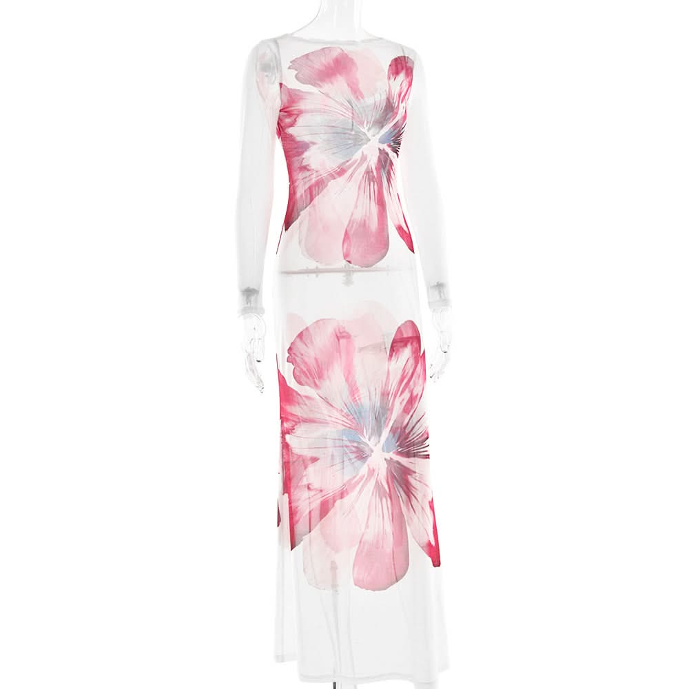 Long sleeve flower print mesh maxi dress  | Festival Outfits Women