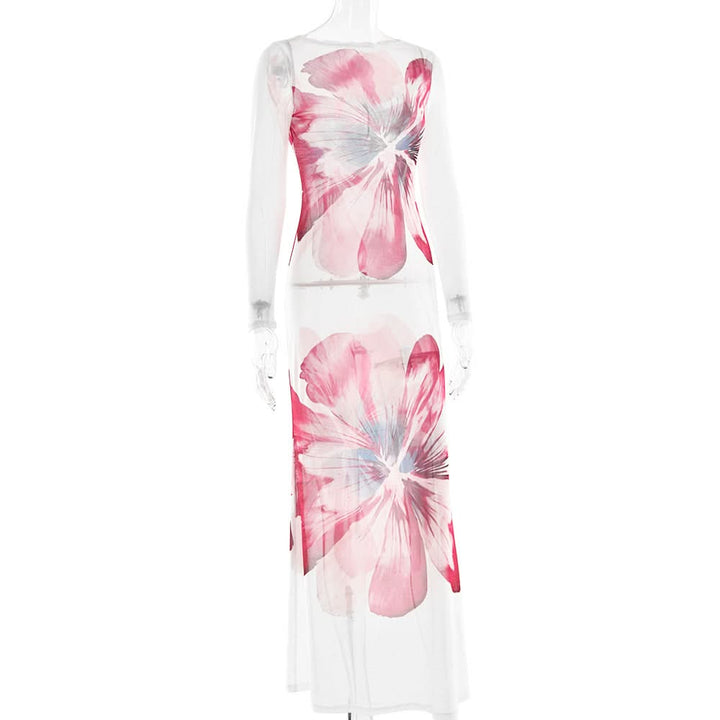 Long sleeve flower print mesh maxi dress  | Festival Outfits Women