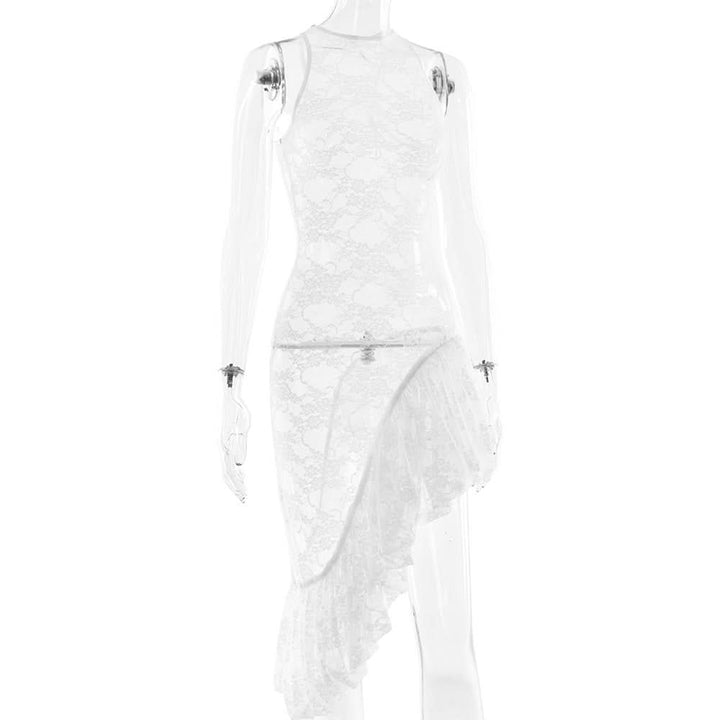 Lace irregular see though ruched mini dress  | Festival Outfits Women