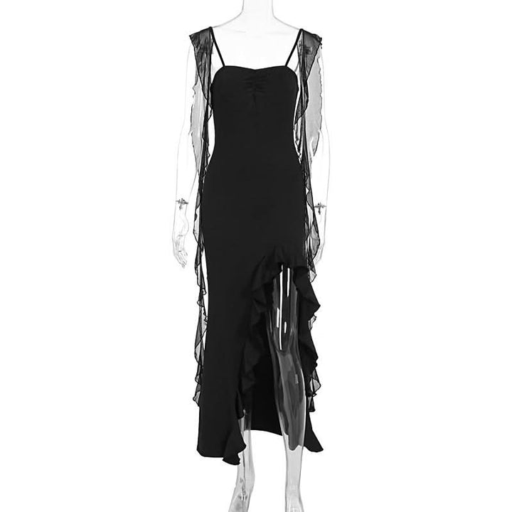Ruffle high slit lace up cami maxi dress  | Festival Outfits Women