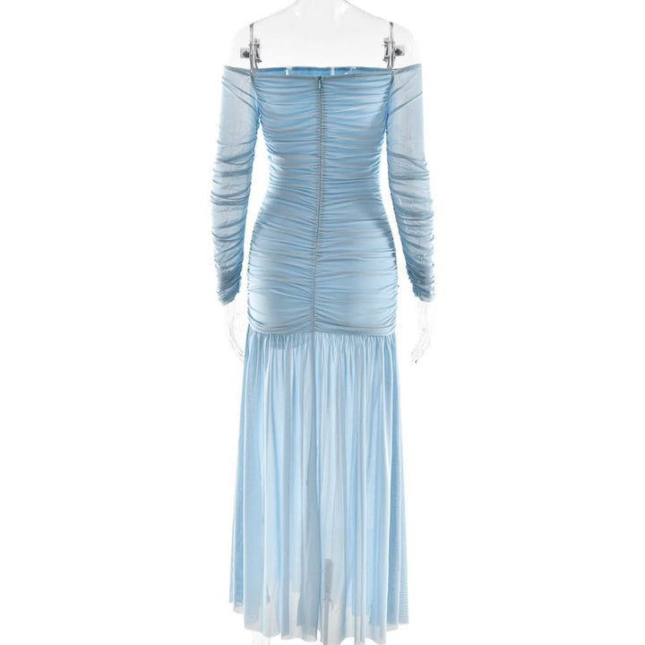 Off shoulder ruched long sleeve mesh zip-up maxi dress  | Festival Outfits Women