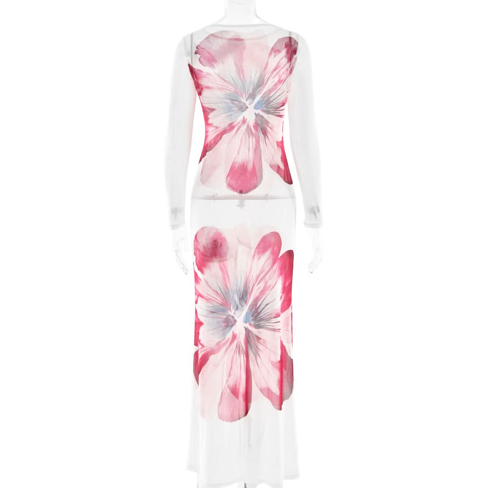 Long sleeve flower print mesh maxi dress  | Festival Outfits Women