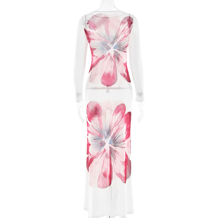 Long sleeve flower print mesh maxi dress  | Festival Outfits Women