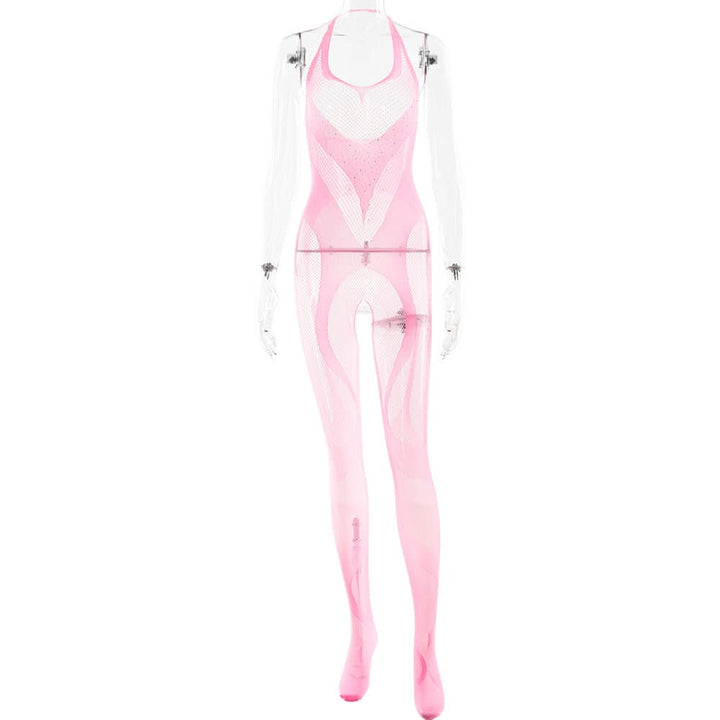 Halter open crotch fishnet beaded jumpsuit  | Festival Outfits Women
