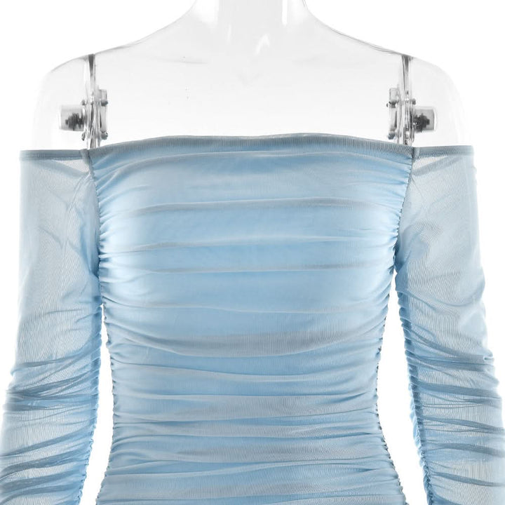 Off shoulder ruched long sleeve mesh zip-up maxi dress  | Festival Outfits Women