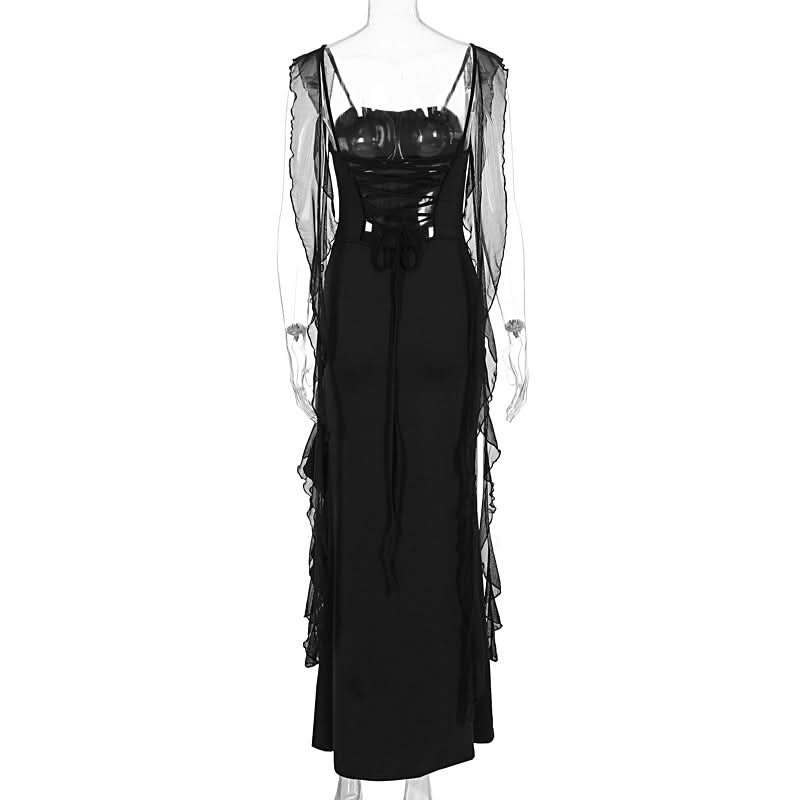 Ruffle high slit lace up cami maxi dress  | Festival Outfits Women