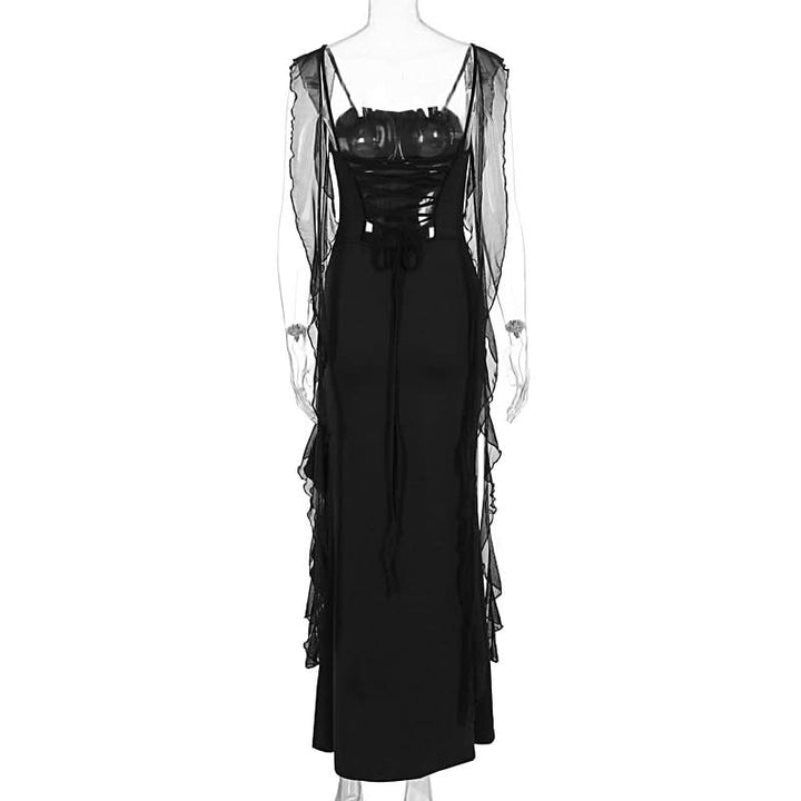 Ruffle high slit lace up cami maxi dress  | Festival Outfits Women