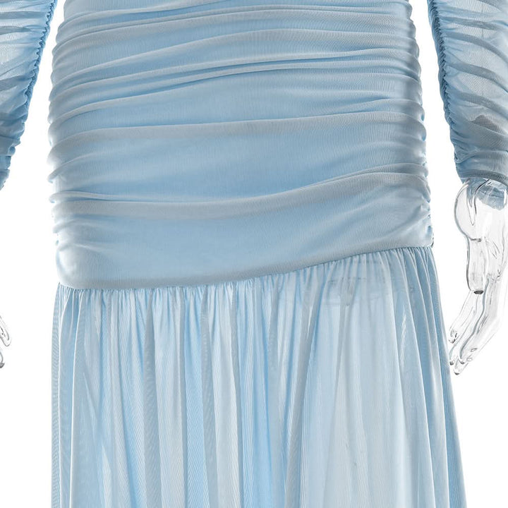 Off shoulder ruched long sleeve mesh zip-up maxi dress  | Festival Outfits Women