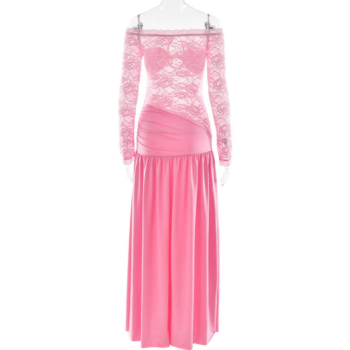 Long sleeve off shoulder hollow out lace slit cut out maxi dress  | Festival Outfits Women