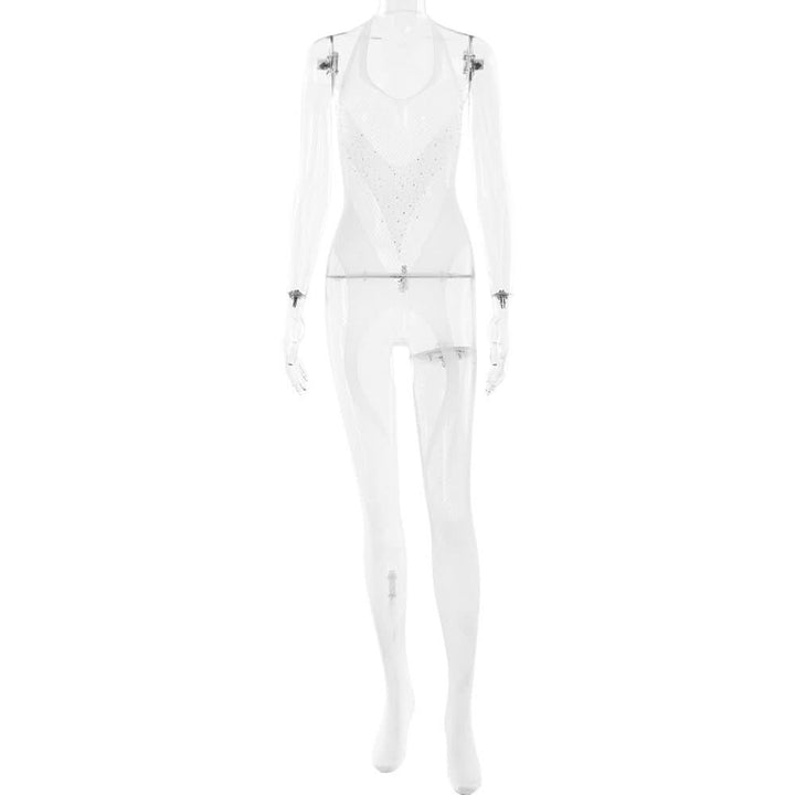 Halter open crotch fishnet beaded jumpsuit  | Festival Outfits Women