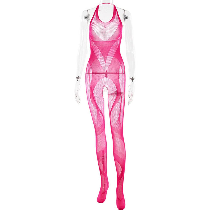 Halter open crotch fishnet beaded jumpsuit  | Festival Outfits Women
