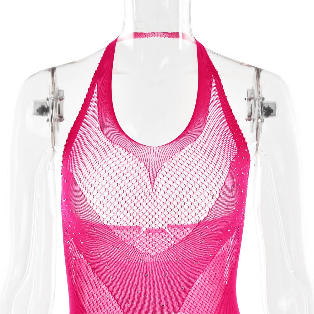 Halter open crotch fishnet beaded jumpsuit  | Festival Outfits Women