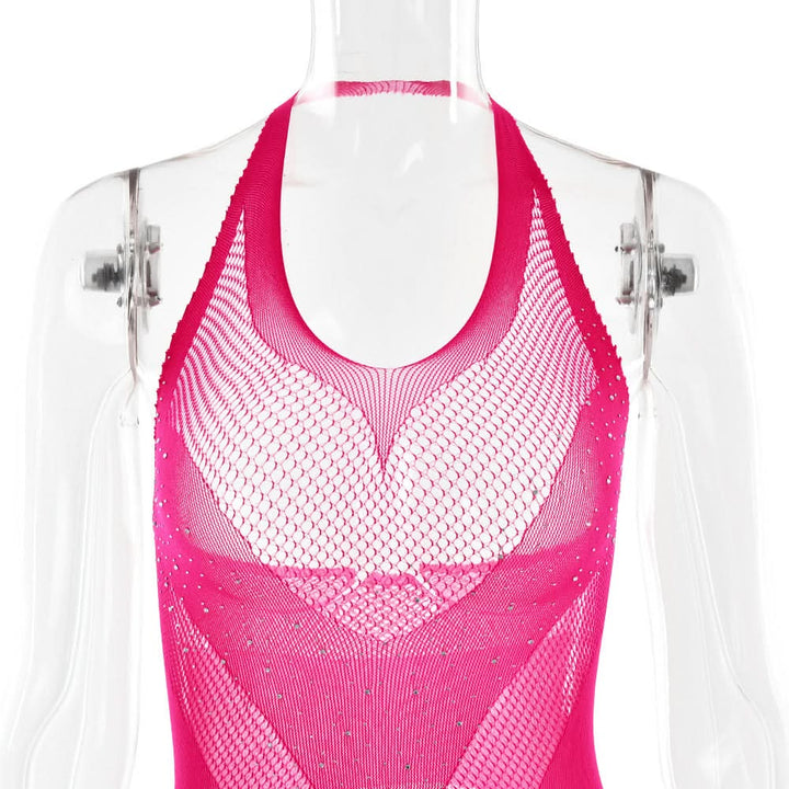 Halter open crotch fishnet beaded jumpsuit  | Festival Outfits Women