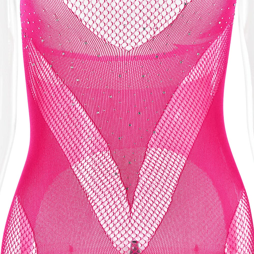 Halter open crotch fishnet beaded jumpsuit  | Festival Outfits Women