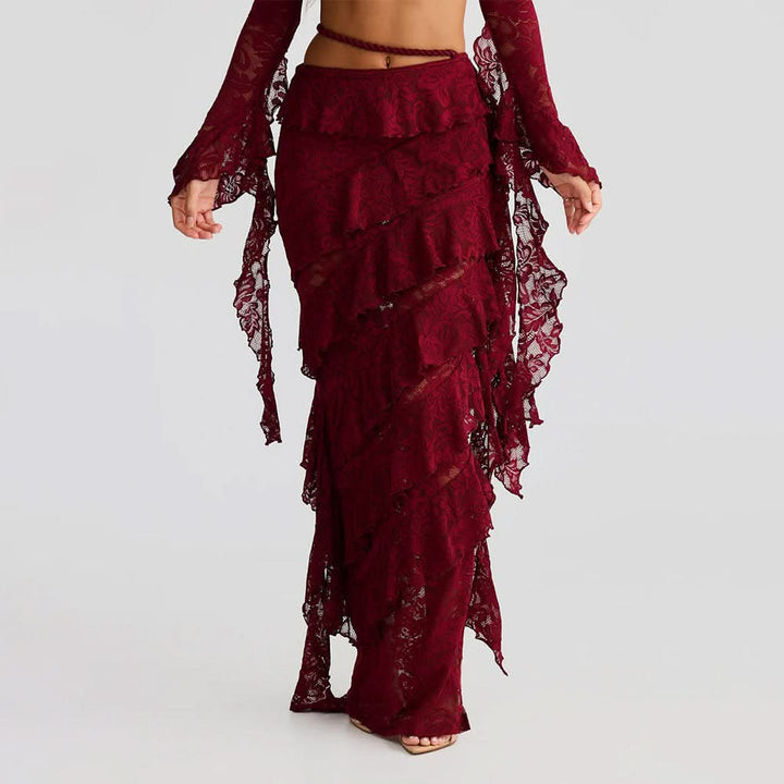 Lace irregular ruffle maxi skirt  | Festival Outfits Women