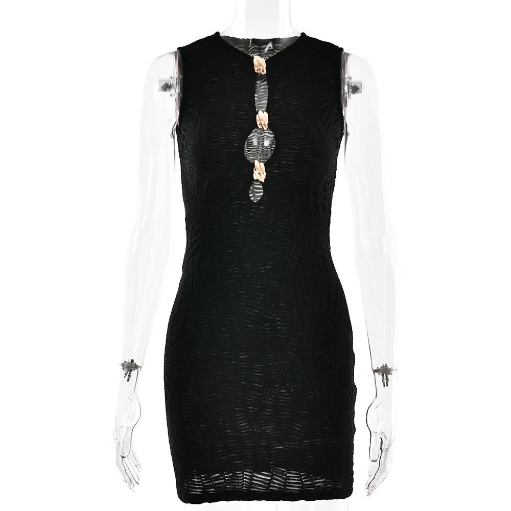 Sleeveless metal applique hollow out cut out mini dress  | Festival Outfits Women