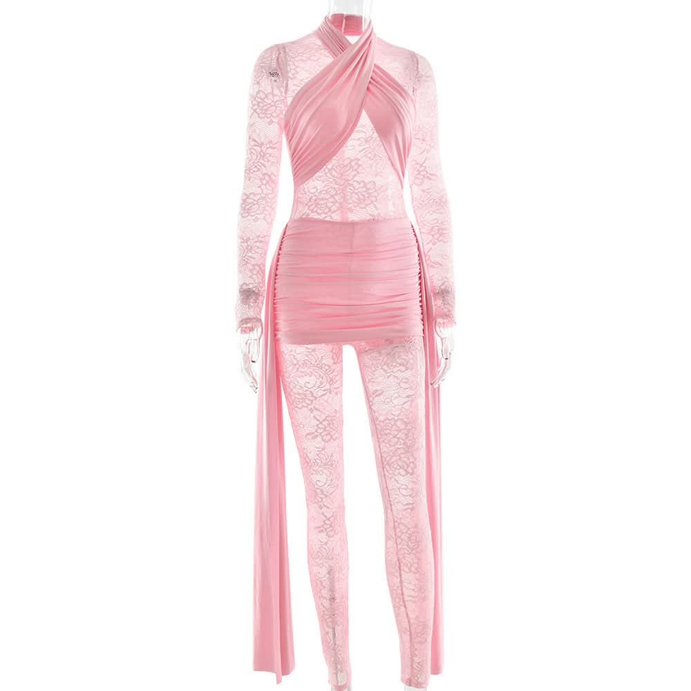 Long sleeve ruched lace patchwork jumpsuit  | Festival Outfits Women
