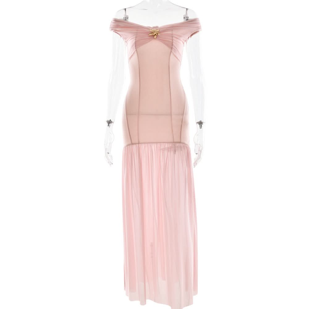 Off shoulder mesh metal applique maxi dress  | Festival Outfits Women