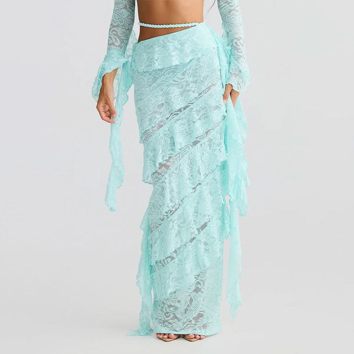 Lace irregular ruffle maxi skirt  | Festival Outfits Women