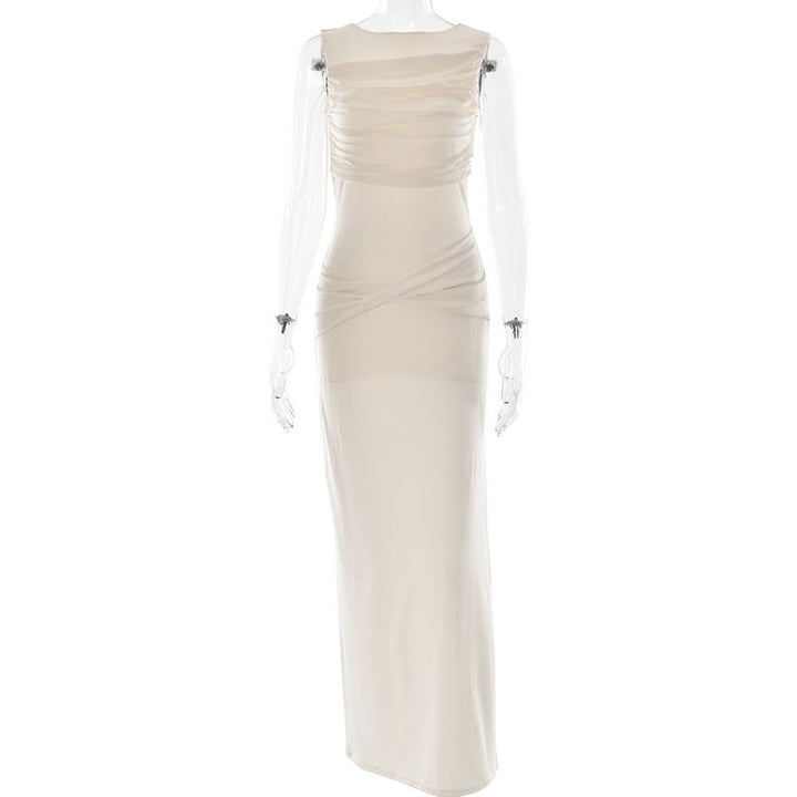 Ruched sleeveless hollow out button slit cut out maxi dress  | Festival Outfits Women