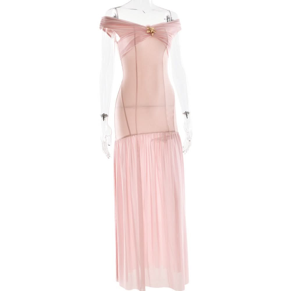 Off shoulder mesh metal applique maxi dress  | Festival Outfits Women