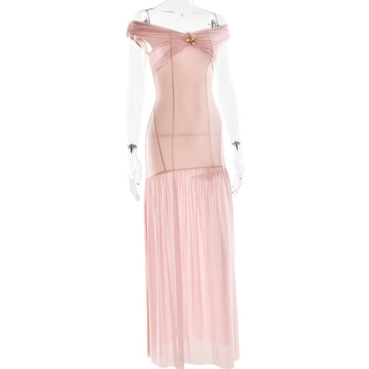 Off shoulder mesh metal applique maxi dress  | Festival Outfits Women
