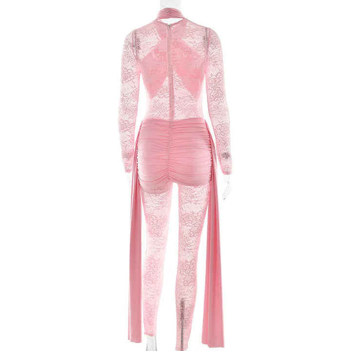 Long sleeve ruched lace patchwork jumpsuit  | Festival Outfits Women