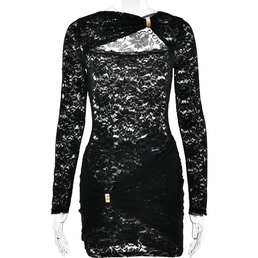 Long sleeve hollow out ruched cut out mini dress  | Festival Outfits Women