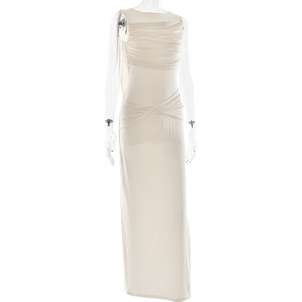 Ruched sleeveless hollow out button slit cut out maxi dress  | Festival Outfits Women