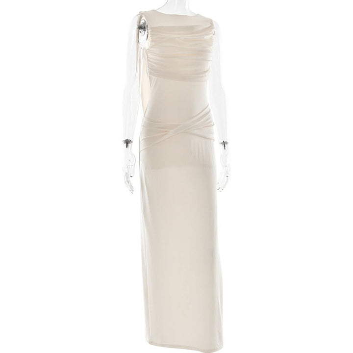 Ruched sleeveless hollow out button slit cut out maxi dress  | Festival Outfits Women