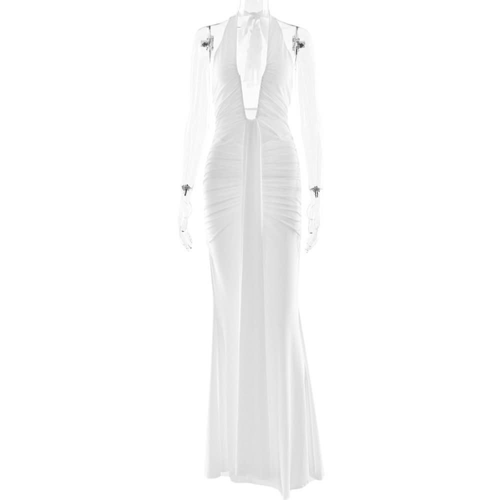 Deep v neck ruched backless maxi dress  | Festival Outfits Women