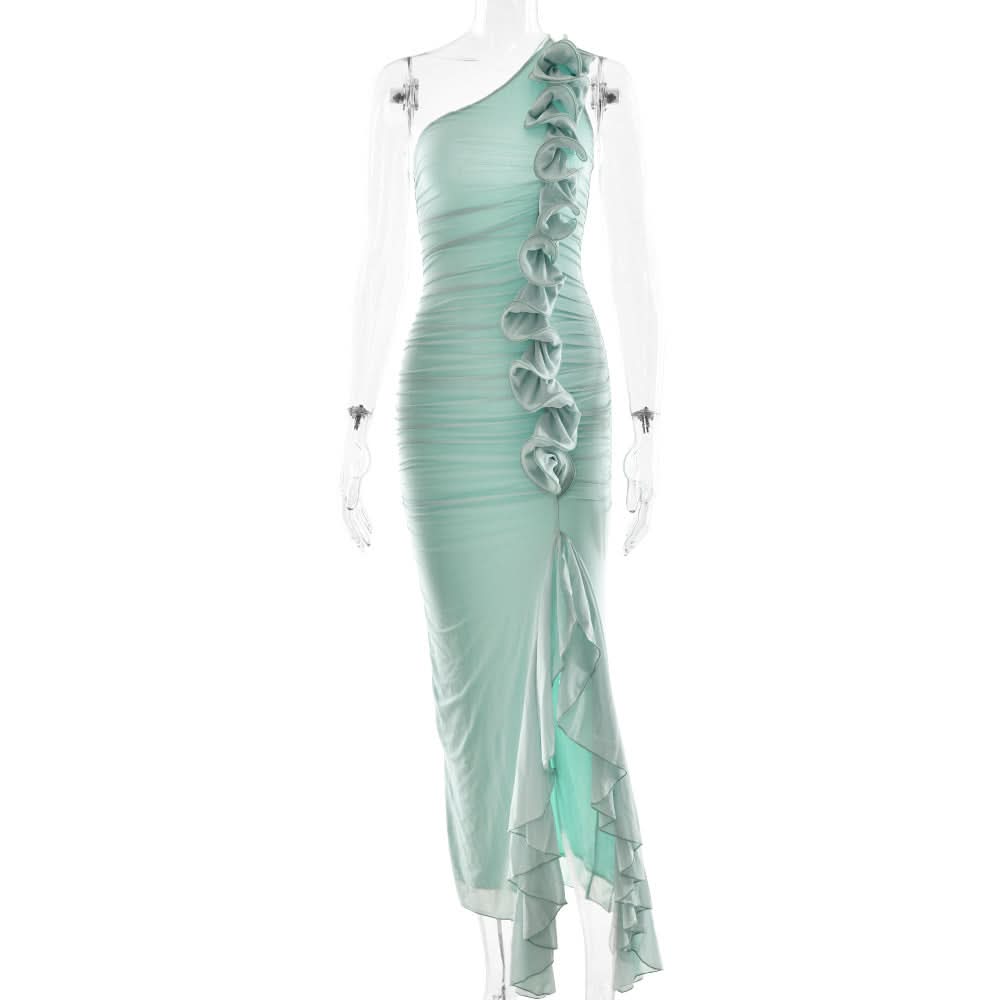 One shoulder ruffle slit mesh maxi dress  | Festival Outfits Women