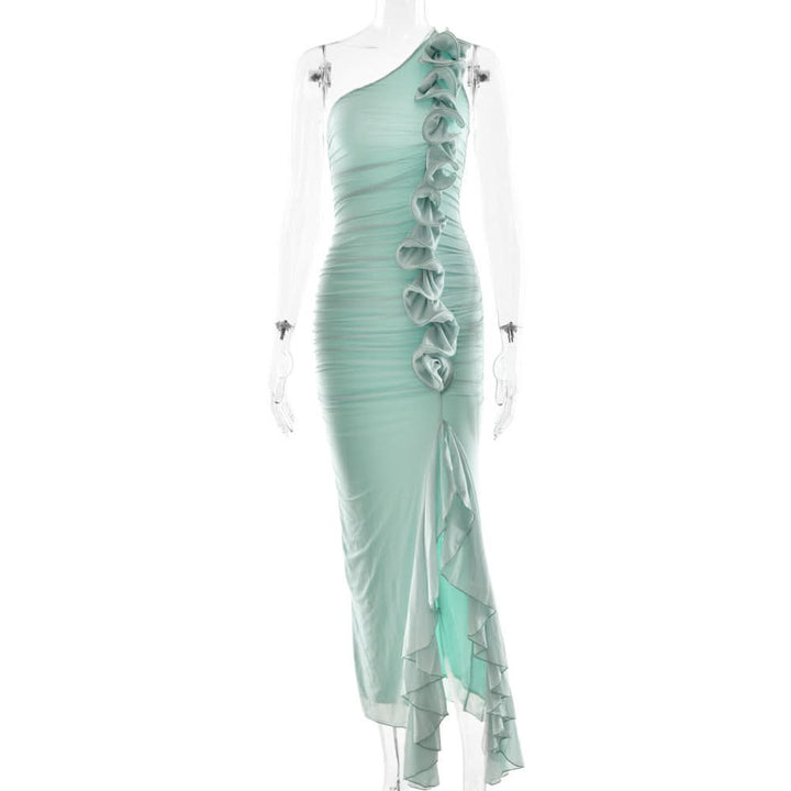 One shoulder ruffle slit mesh maxi dress  | Festival Outfits Women