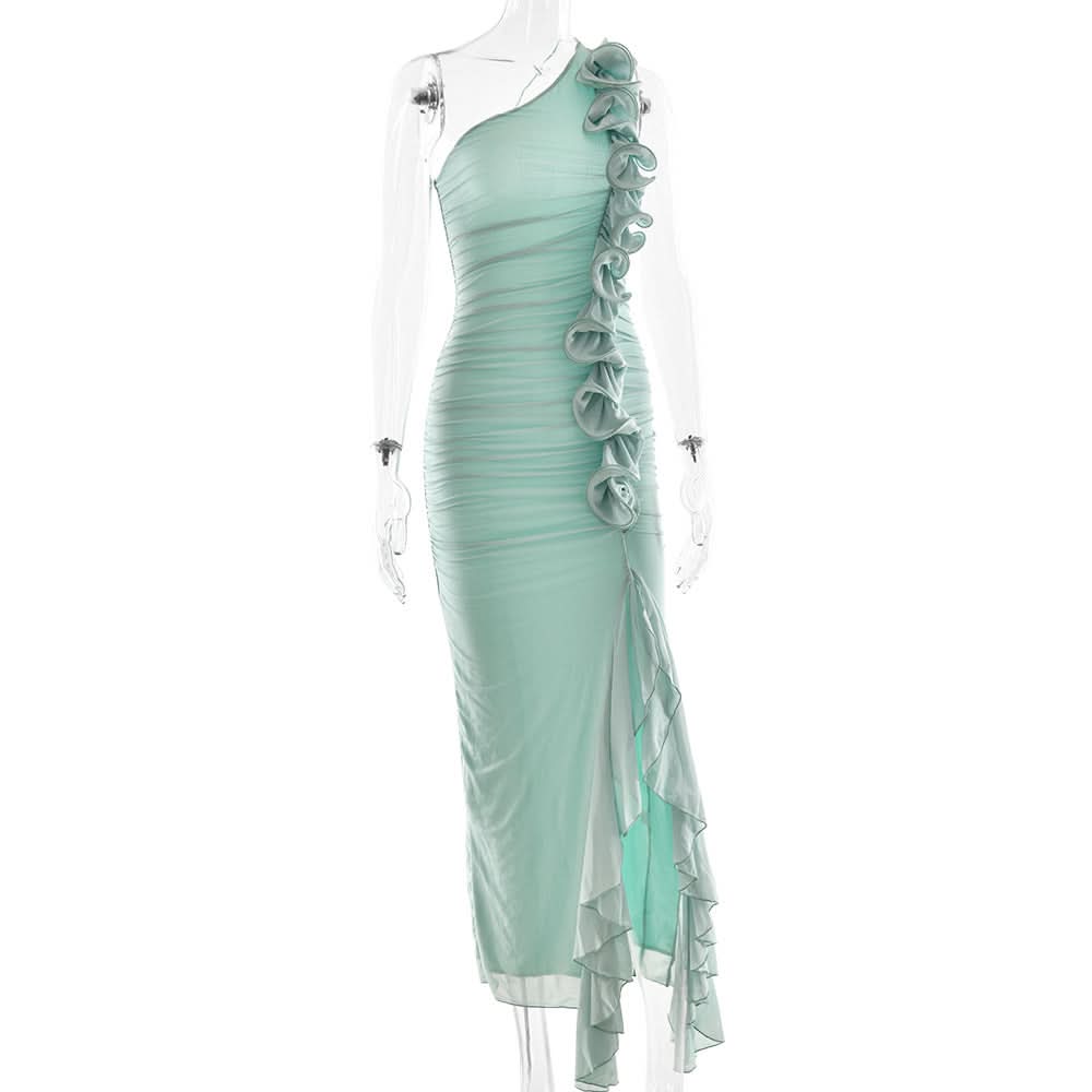 One shoulder ruffle slit mesh maxi dress  | Festival Outfits Women