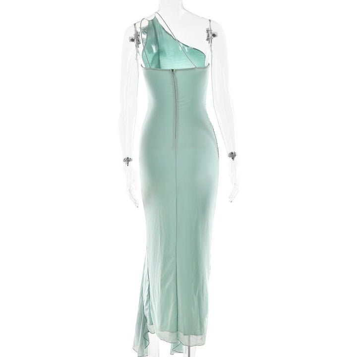 One shoulder ruffle slit mesh maxi dress  | Festival Outfits Women