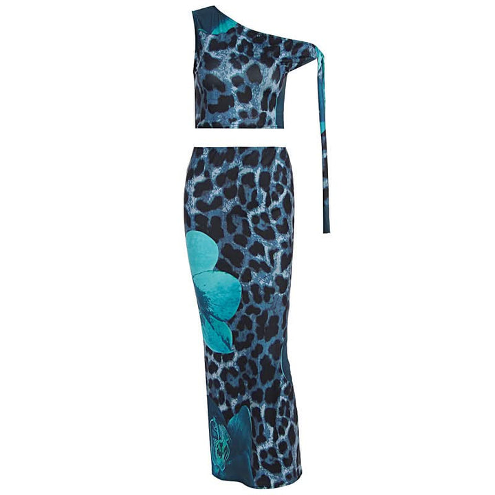 One shoulder leopard print maxi skirt set  | Festival Outfits Women