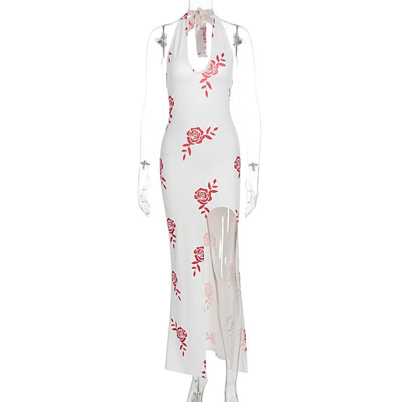 Halter v neck slit flower print maxi dress  | Festival Outfits Women