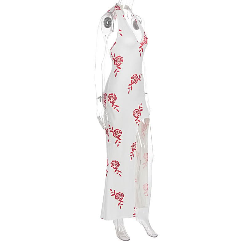 Halter v neck slit flower print maxi dress  | Festival Outfits Women