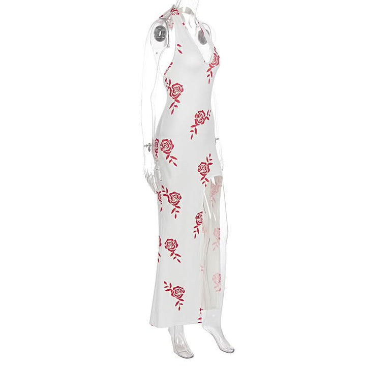 Halter v neck slit flower print maxi dress  | Festival Outfits Women