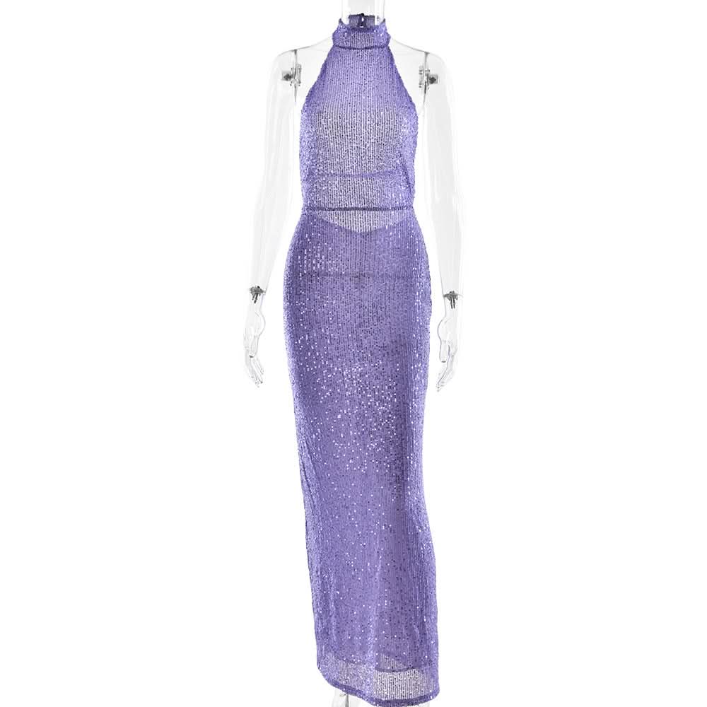 Glitter backless halter slit maxi dress  | Festival Outfits Women