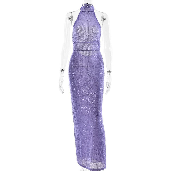 Glitter backless halter slit maxi dress  | Festival Outfits Women