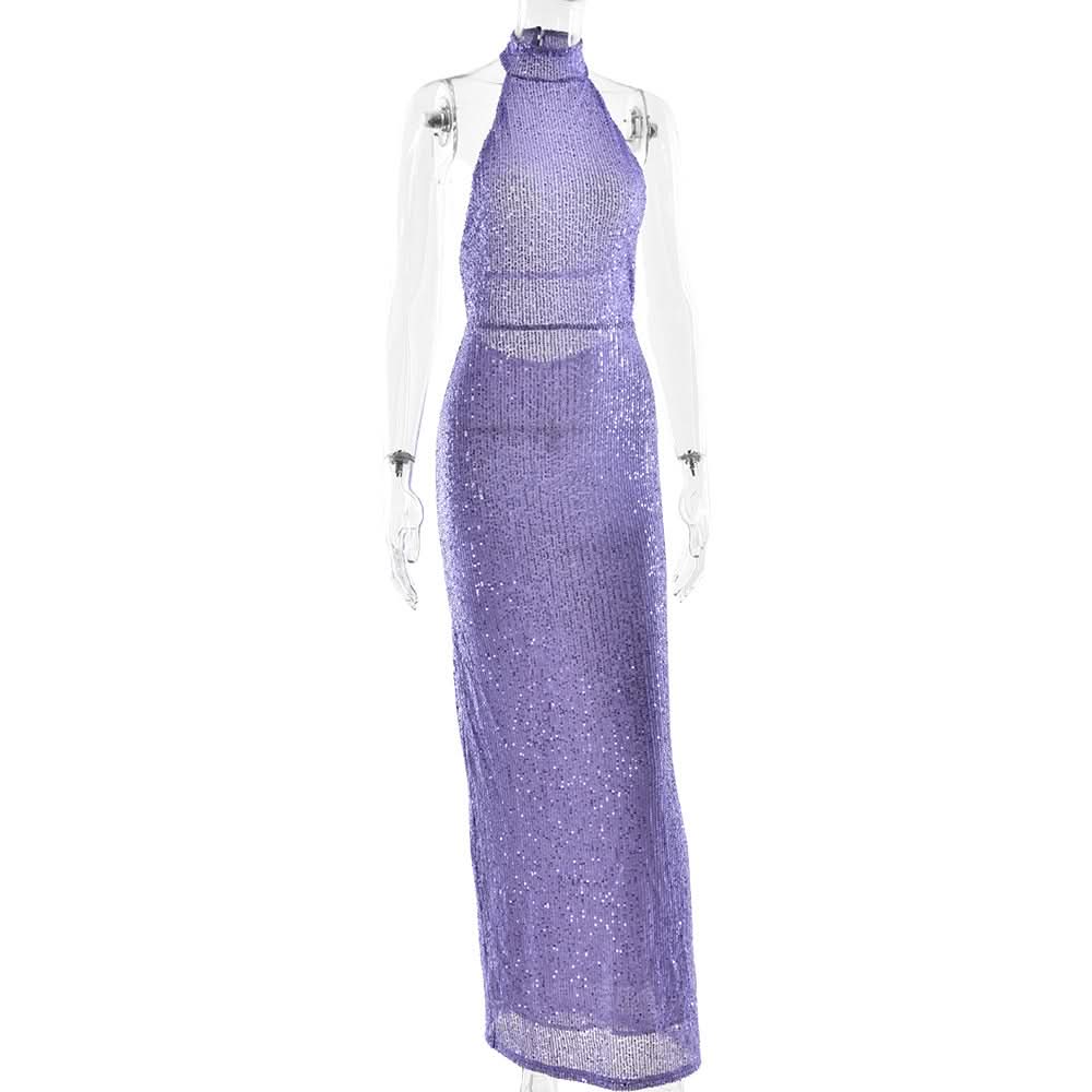 Glitter backless halter slit maxi dress  | Festival Outfits Women