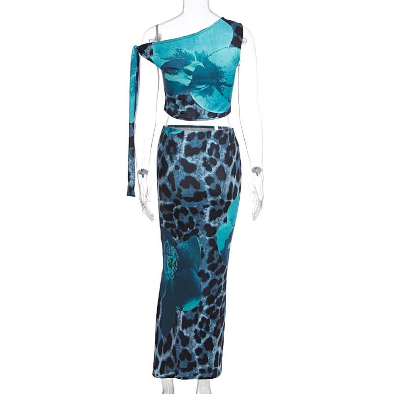 One shoulder leopard print maxi skirt set  | Festival Outfits Women
