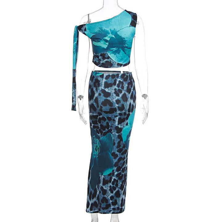 One shoulder leopard print maxi skirt set  | Festival Outfits Women